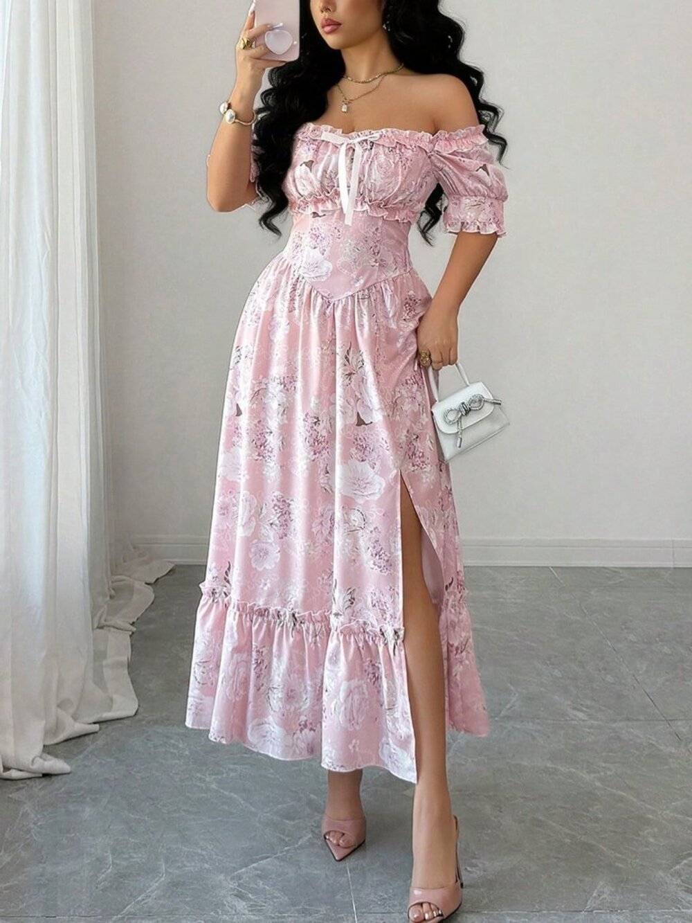 Pink Boho Women's Off-Shoulder Ruffle Bow A-Line Floral Dress - Picture 4 of 10